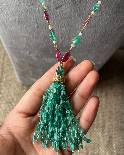14k Gold Natural Zambian Emerald, Ruby & Rose Cut Diamond Boho Victorian Beaded Tassel Necklace