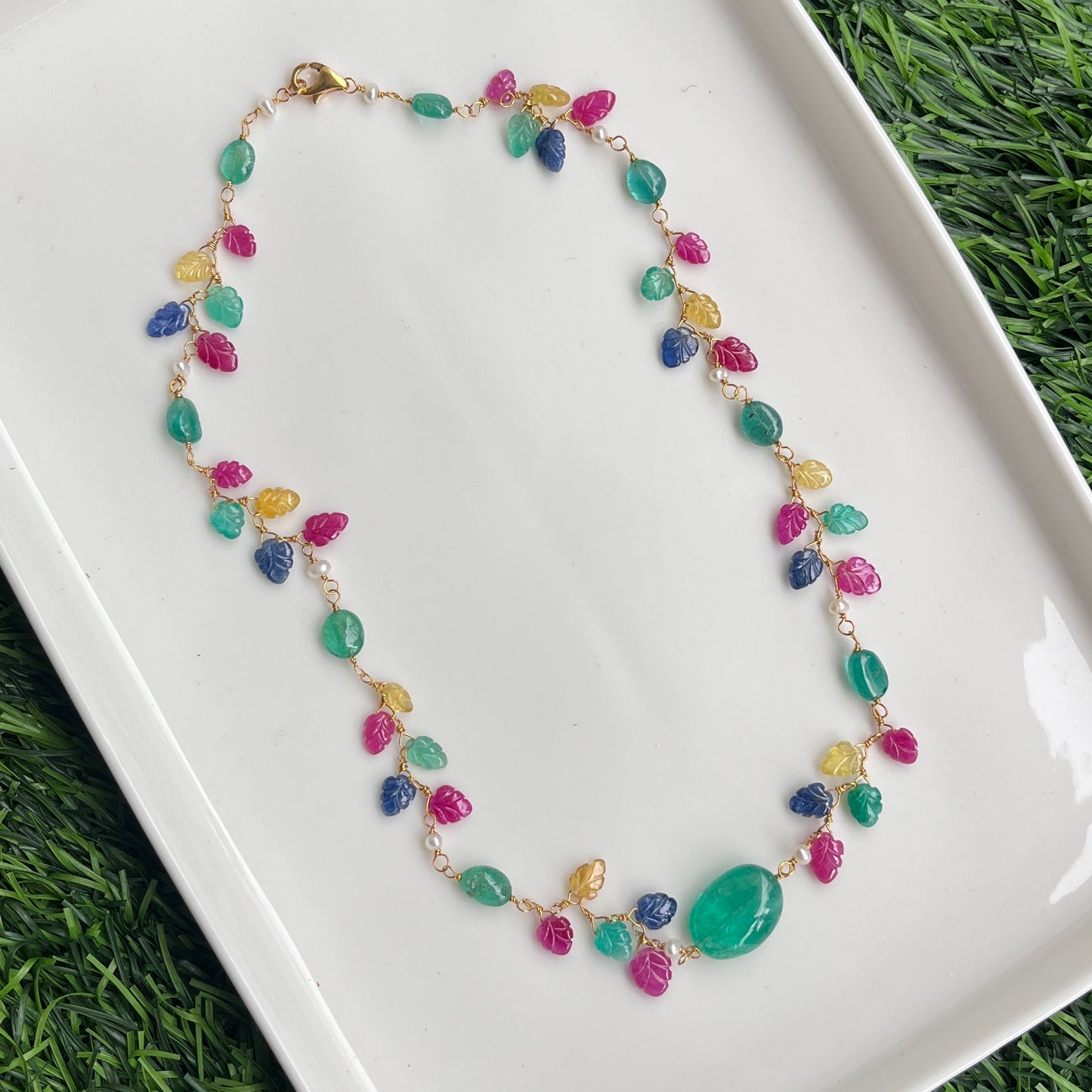 The Celeste Garland Necklace III - 14k Gold Natural Zambian Emerald, Sapphire & Ruby Art Nouveau Beaded Necklace