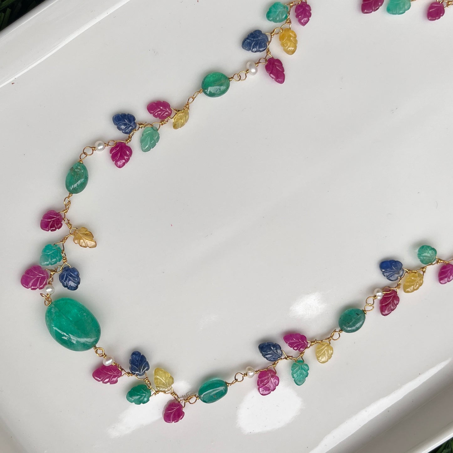 The Celeste Garland Necklace III - 14k Gold Natural Zambian Emerald, Sapphire & Ruby Art Nouveau Beaded Necklace