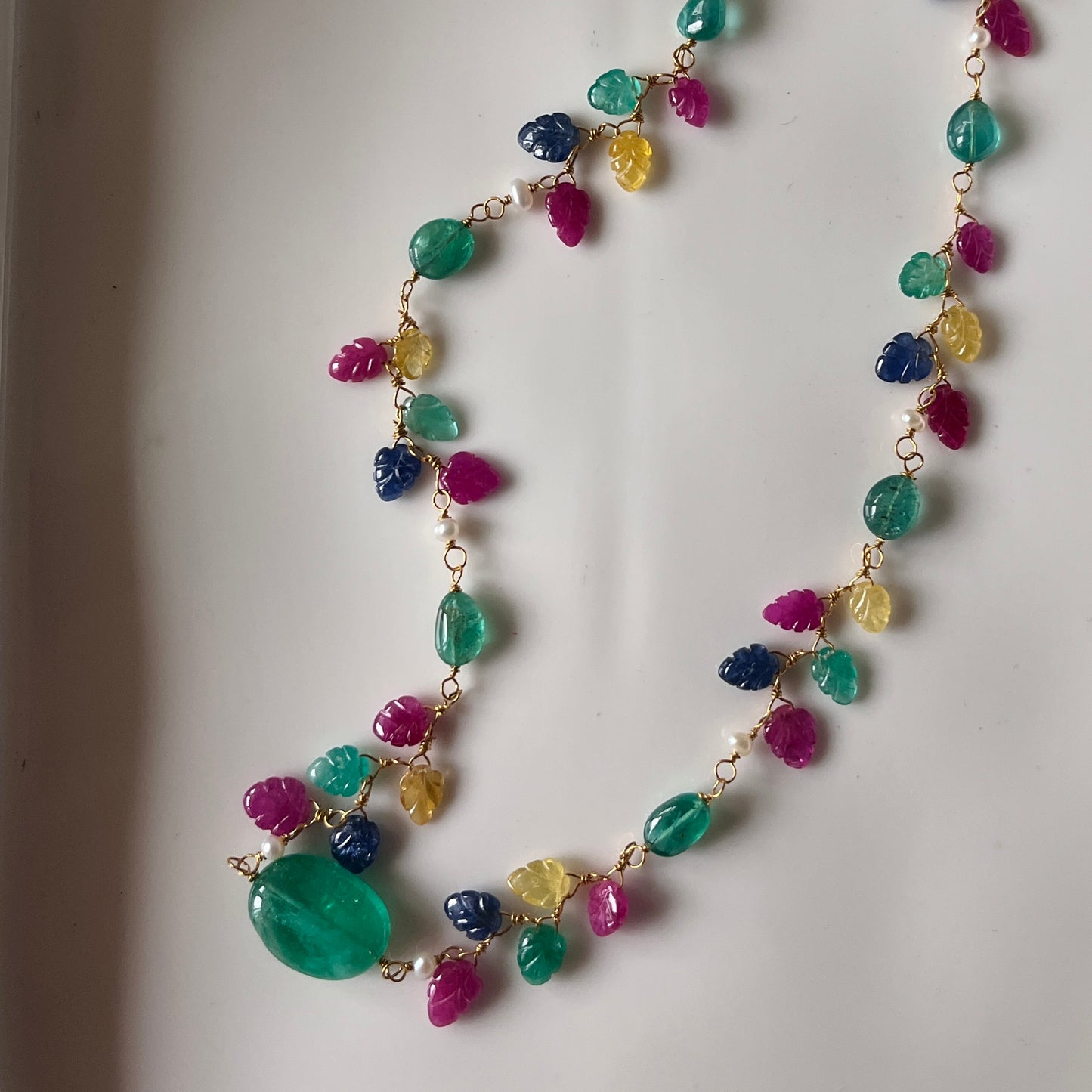 The Celeste Garland Necklace III - 14k Gold Natural Zambian Emerald, Sapphire & Ruby Art Nouveau Beaded Necklace