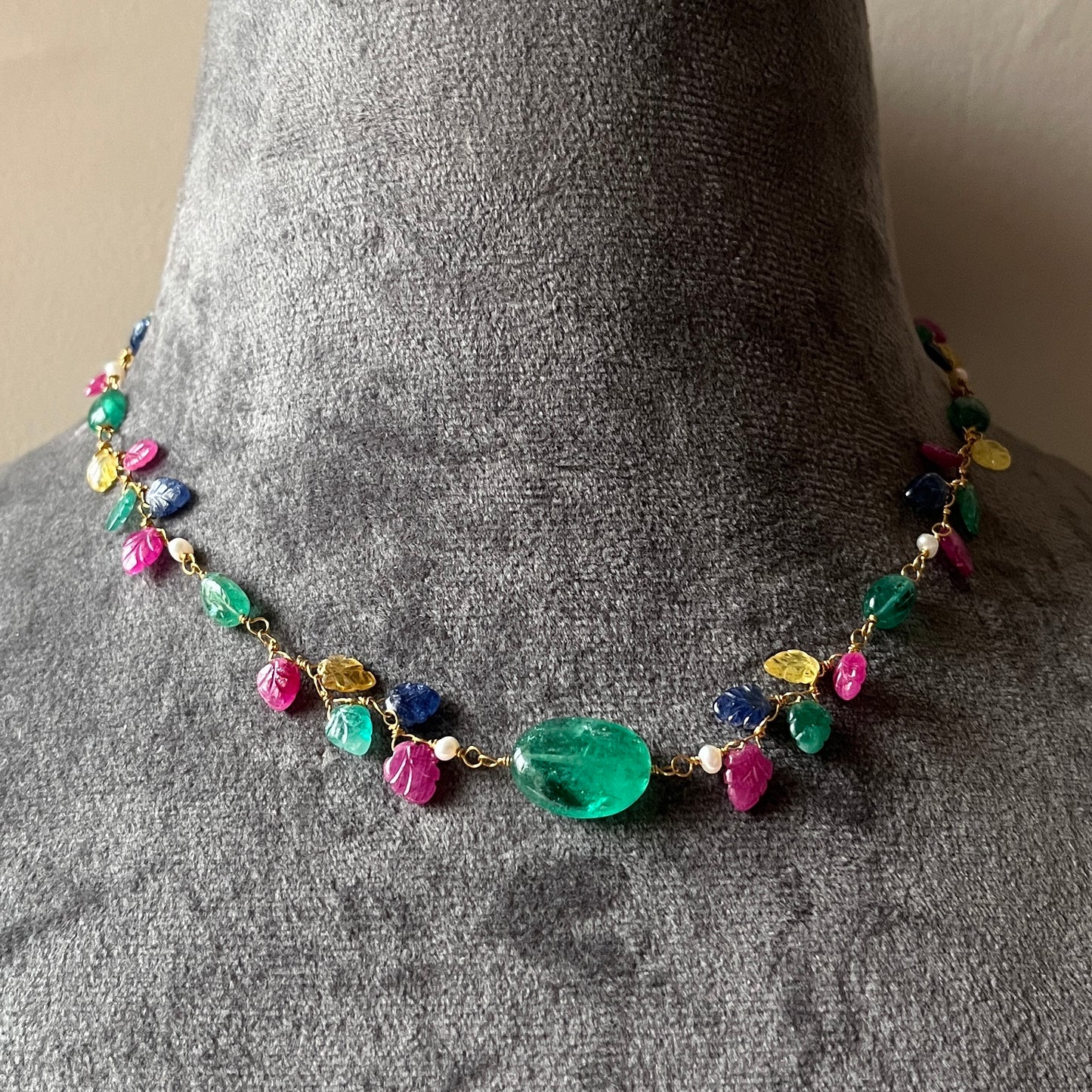 The Celeste Garland Necklace III - 14k Gold Natural Zambian Emerald, Sapphire & Ruby Art Nouveau Beaded Necklace