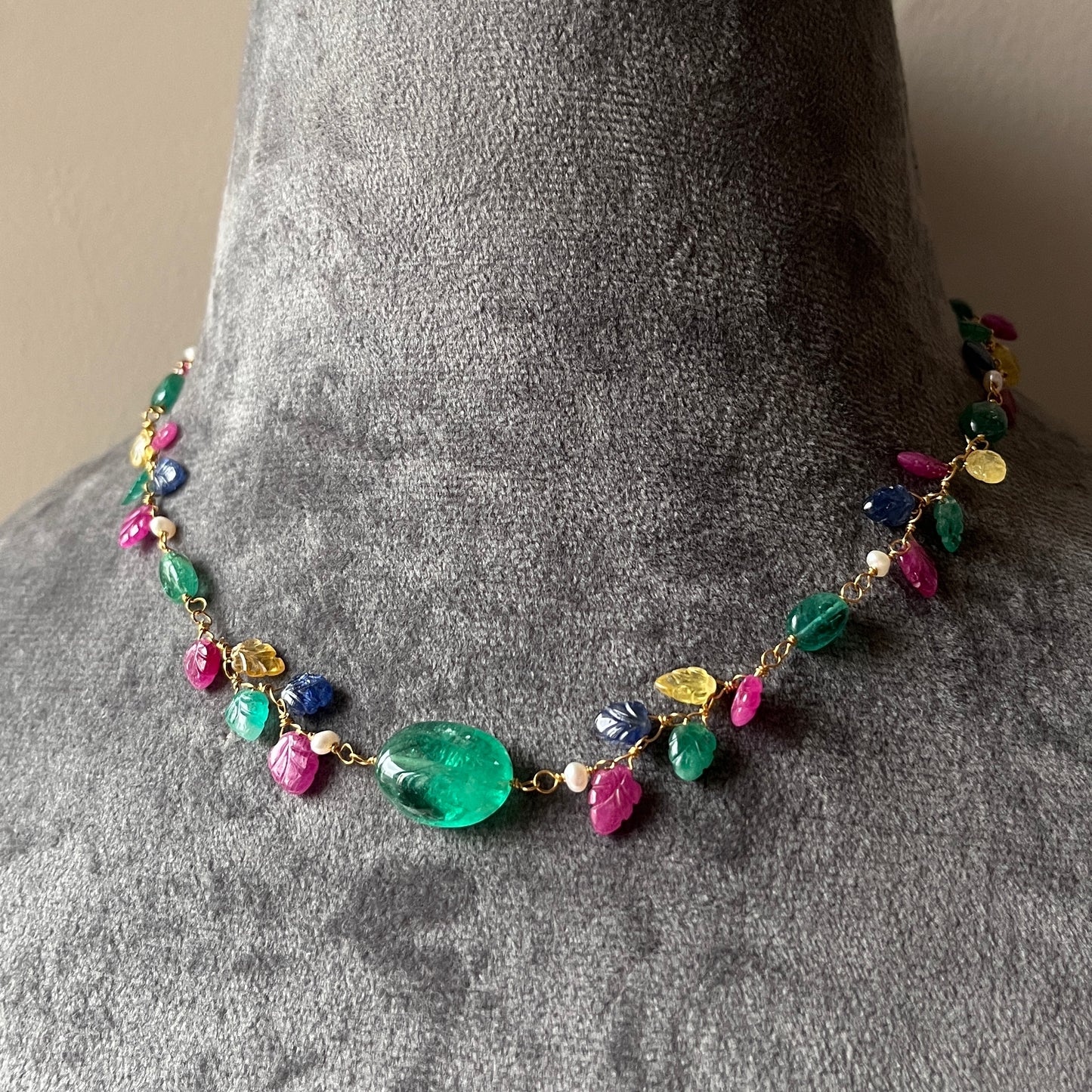 The Celeste Garland Necklace III - 14k Gold Natural Zambian Emerald, Sapphire & Ruby Art Nouveau Beaded Necklace