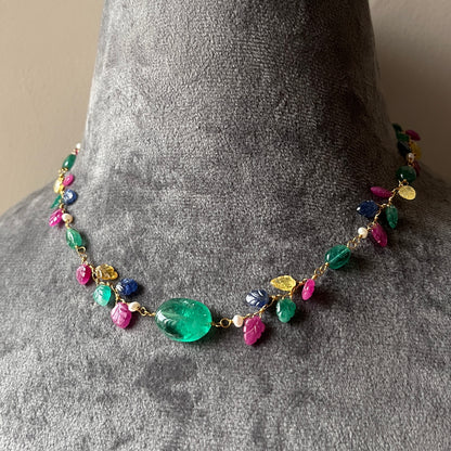 The Celeste Garland Necklace III - 14k Gold Natural Zambian Emerald, Sapphire & Ruby Art Nouveau Beaded Necklace