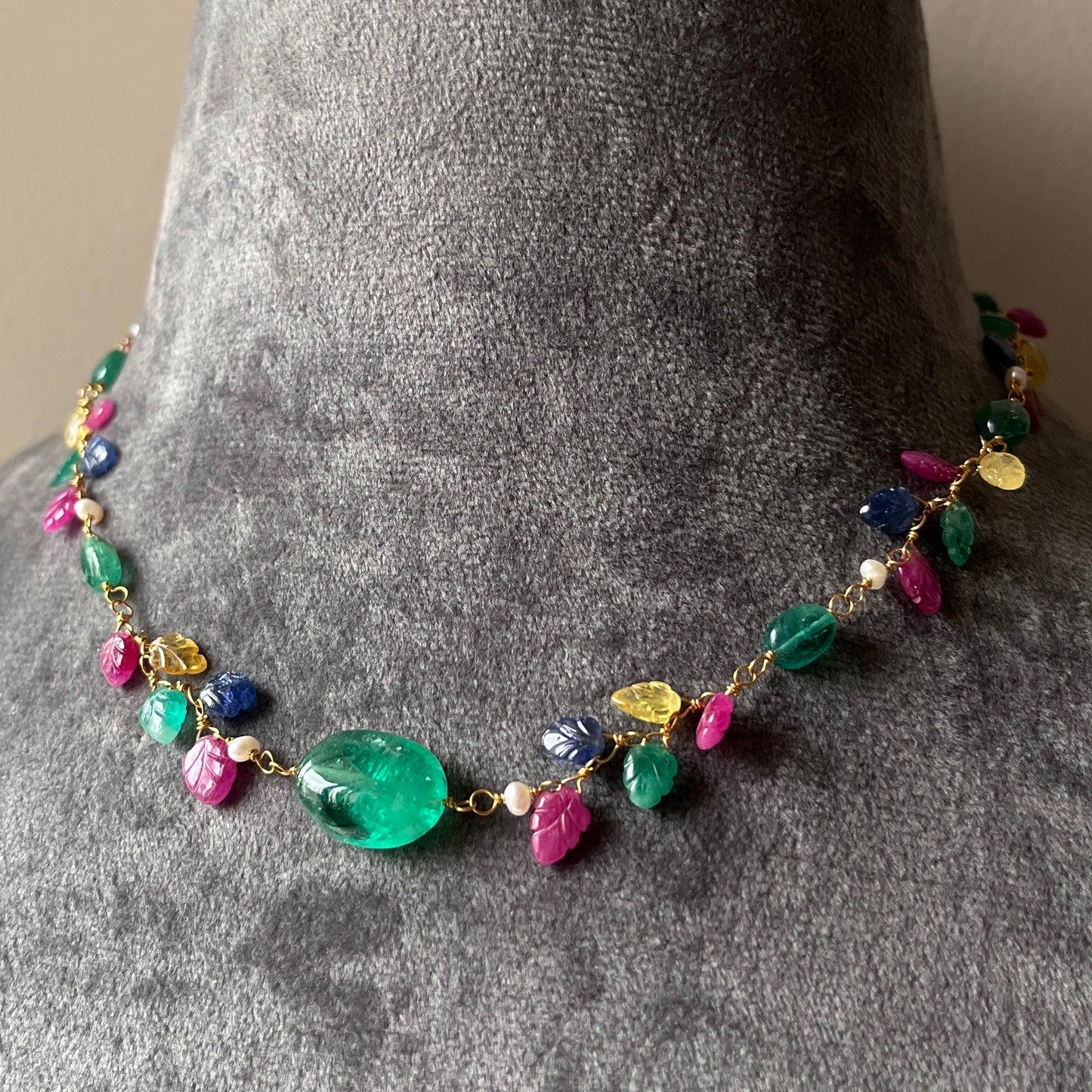 The Celeste Garland Necklace III - 14k Gold Natural Zambian Emerald, Sapphire & Ruby Art Nouveau Beaded Necklace