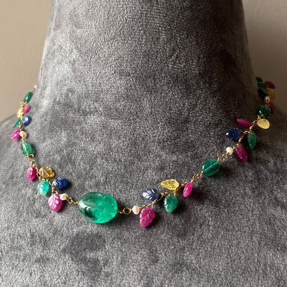 The Celeste Garland Necklace III - 14k Gold Natural Zambian Emerald, Sapphire & Ruby Art Nouveau Beaded Necklace