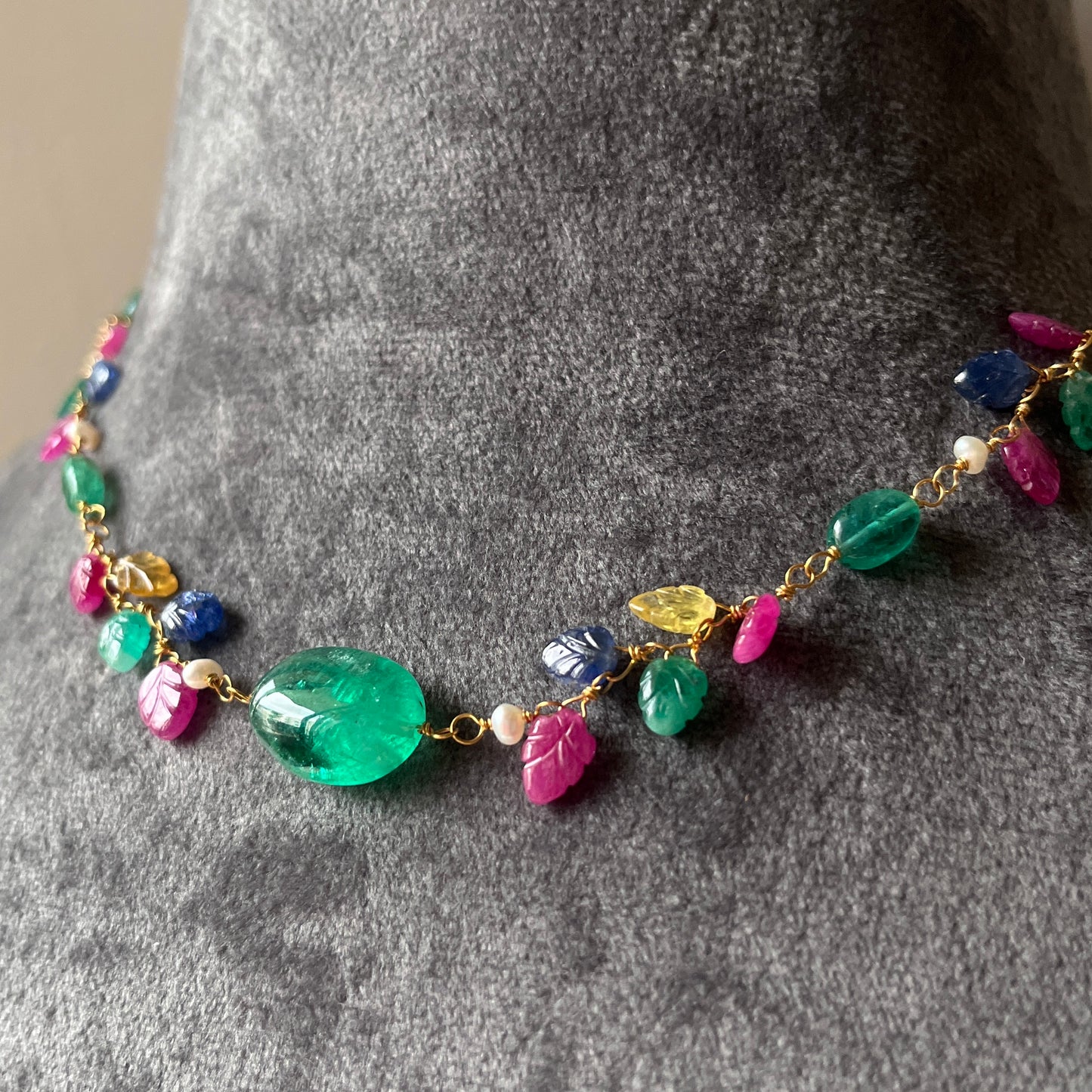 The Celeste Garland Necklace III - 14k Gold Natural Zambian Emerald, Sapphire & Ruby Art Nouveau Beaded Necklace