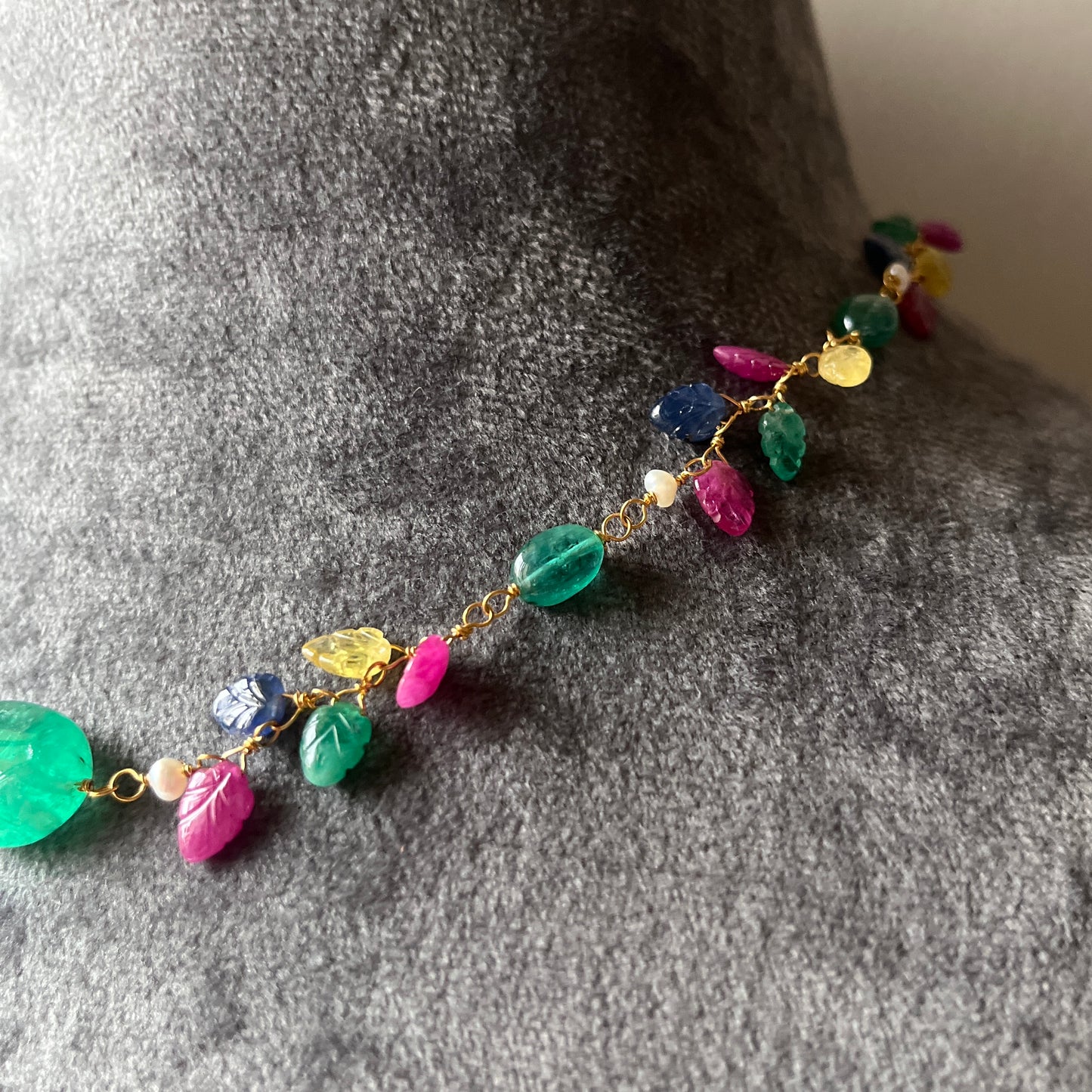 The Celeste Garland Necklace III - 14k Gold Natural Zambian Emerald, Sapphire & Ruby Art Nouveau Beaded Necklace