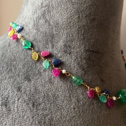 The Celeste Garland Necklace III - 14k Gold Natural Zambian Emerald, Sapphire & Ruby Art Nouveau Beaded Necklace