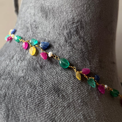 The Celeste Garland Necklace III - 14k Gold Natural Zambian Emerald, Sapphire & Ruby Art Nouveau Beaded Necklace
