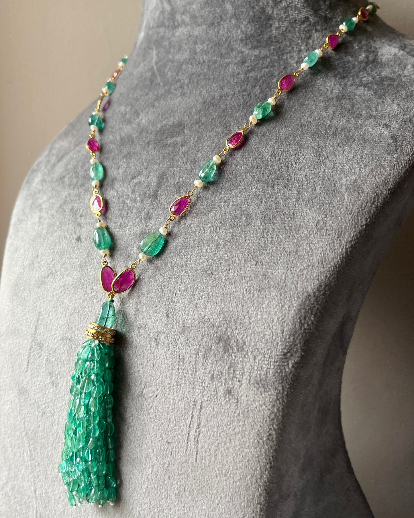 14k Gold Natural Zambian Emerald, Ruby & Rose Cut Diamond Boho Victorian Beaded Tassel Necklace