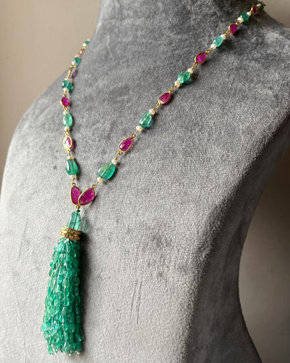 14k Gold Natural Zambian Emerald, Ruby & Rose Cut Diamond Boho Victorian Beaded Tassel Necklace