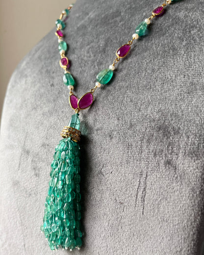 14k Gold Natural Zambian Emerald, Ruby & Rose Cut Diamond Boho Victorian Beaded Tassel Necklace