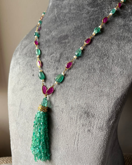 14k Gold Natural Zambian Emerald, Ruby & Rose Cut Diamond Boho Victorian Beaded Tassel Necklace