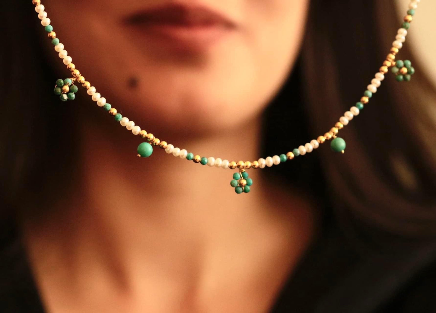 Her Name Was Daisy Pearl-Turquoise Necklace
