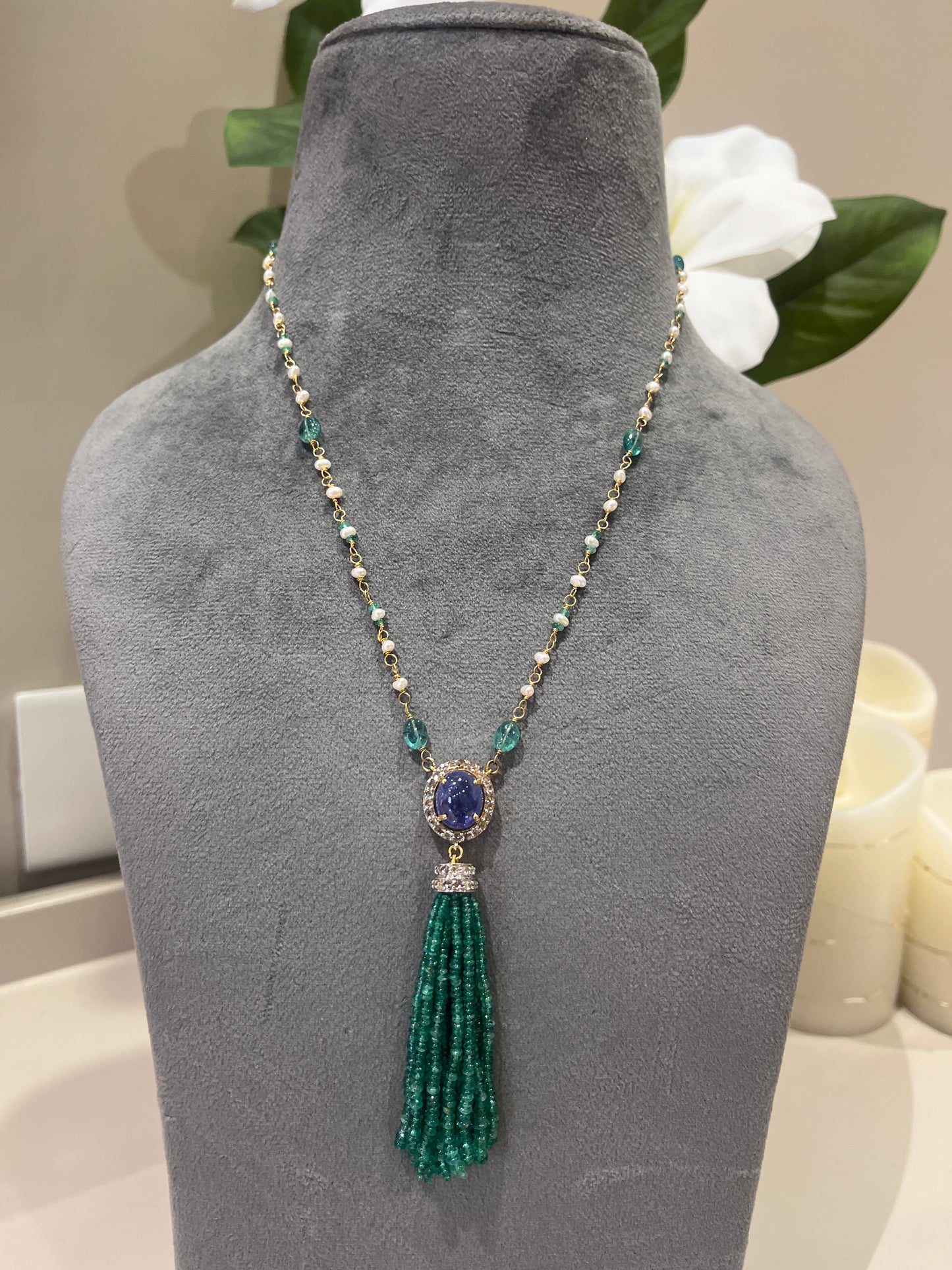 14k Gold Natural Zambian Emerald, Tanzanite, Pearl & Rose Cut Diamond Boho Victorian Beaded Tassel Necklace