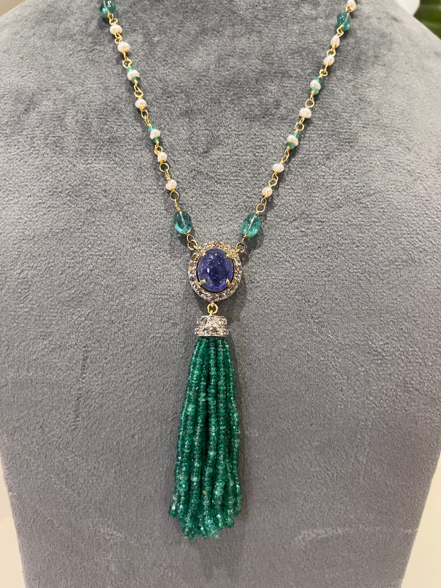 14k Gold Natural Zambian Emerald, Tanzanite, Pearl & Rose Cut Diamond Boho Victorian Beaded Tassel Necklace