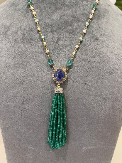 14k Gold Natural Zambian Emerald, Tanzanite, Pearl & Rose Cut Diamond Boho Victorian Beaded Tassel Necklace