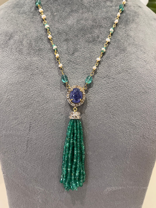 14k Gold Natural Zambian Emerald, Tanzanite, Pearl & Rose Cut Diamond Boho Victorian Beaded Tassel Necklace