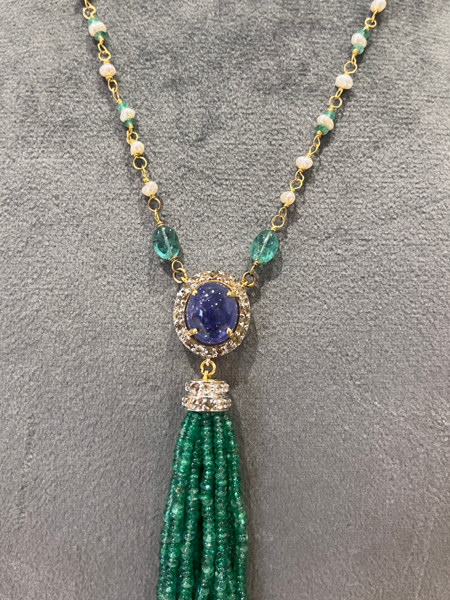 14k Gold Natural Zambian Emerald, Tanzanite, Pearl & Rose Cut Diamond Boho Victorian Beaded Tassel Necklace