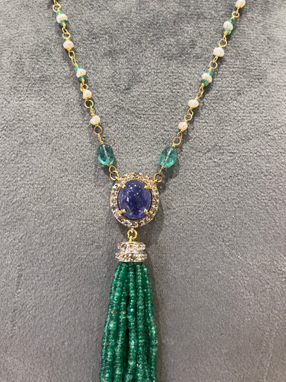 14k Gold Natural Zambian Emerald, Tanzanite, Pearl & Rose Cut Diamond Boho Victorian Beaded Tassel Necklace