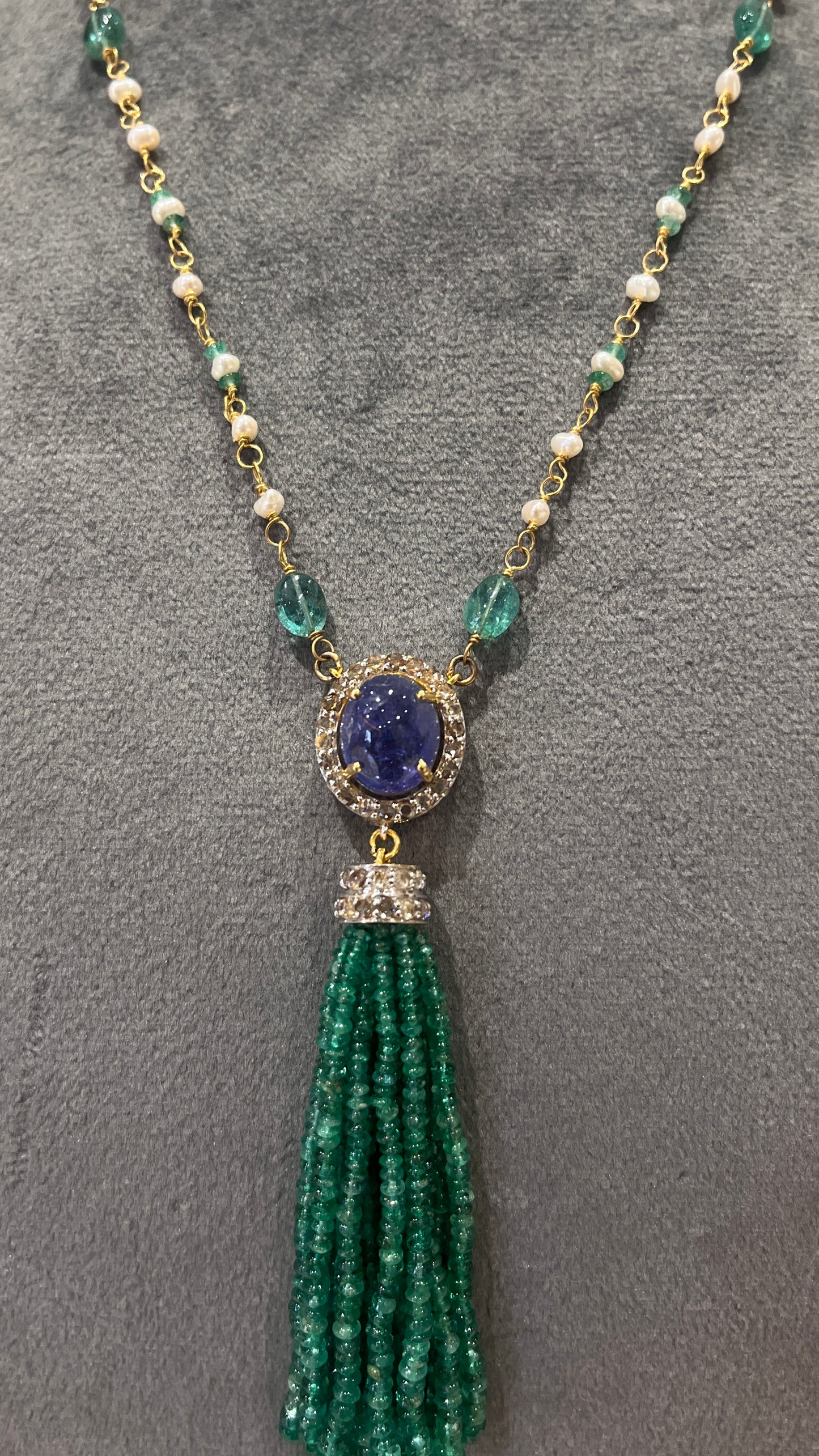 14k Gold Natural Zambian Emerald, Tanzanite, Pearl & Rose Cut Diamond Boho Victorian Beaded Tassel Necklace