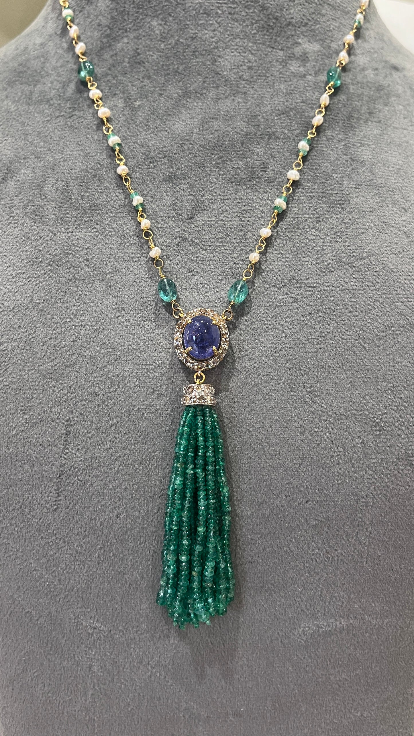14k Gold Natural Zambian Emerald, Tanzanite, Pearl & Rose Cut Diamond Boho Victorian Beaded Tassel Necklace
