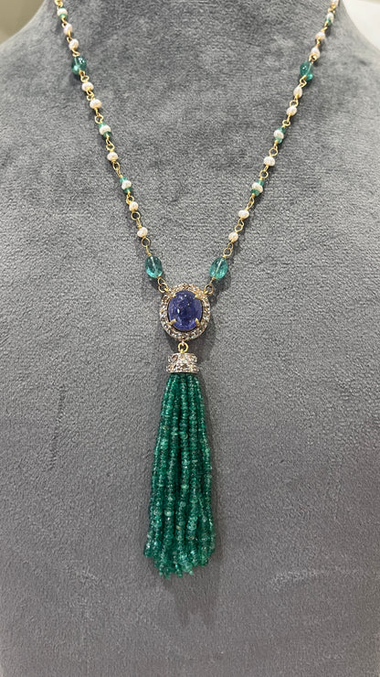 14k Gold Natural Zambian Emerald, Tanzanite, Pearl & Rose Cut Diamond Boho Victorian Beaded Tassel Necklace