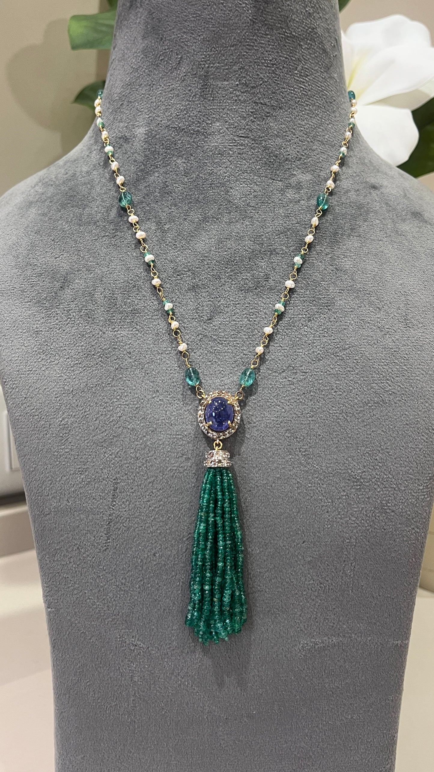14k Gold Natural Zambian Emerald, Tanzanite, Pearl & Rose Cut Diamond Boho Victorian Beaded Tassel Necklace