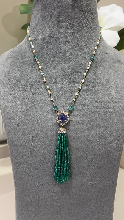 14k Gold Natural Zambian Emerald, Tanzanite, Pearl & Rose Cut Diamond Boho Victorian Beaded Tassel Necklace