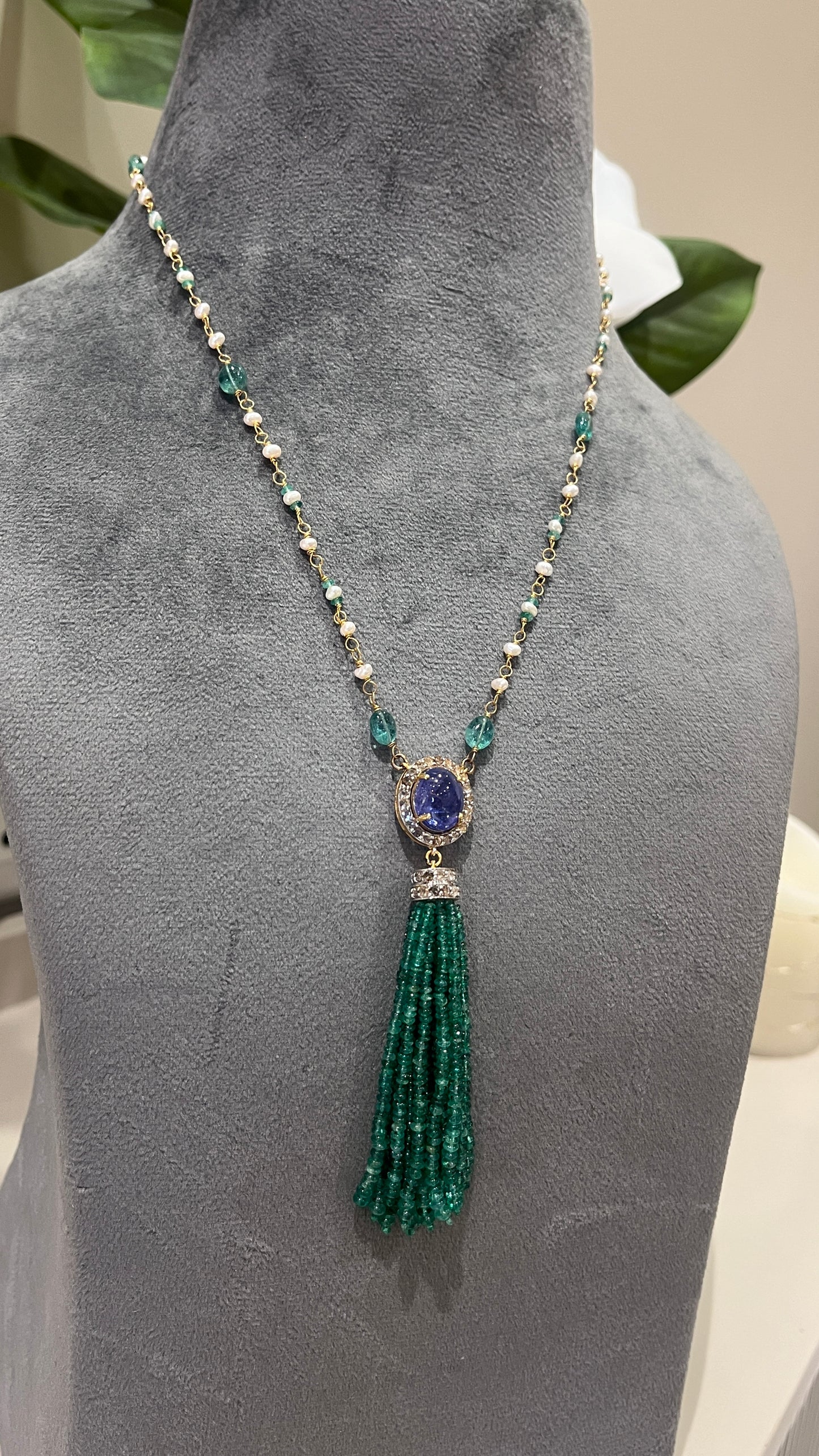 14k Gold Natural Zambian Emerald, Tanzanite, Pearl & Rose Cut Diamond Boho Victorian Beaded Tassel Necklace