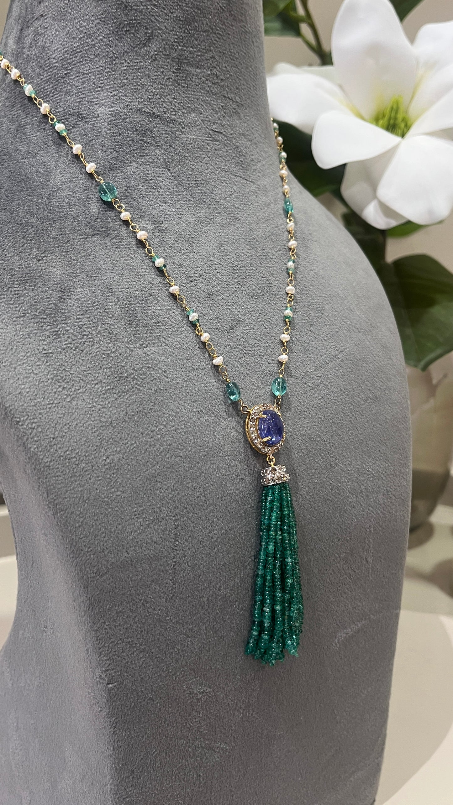 14k Gold Natural Zambian Emerald, Tanzanite, Pearl & Rose Cut Diamond Boho Victorian Beaded Tassel Necklace
