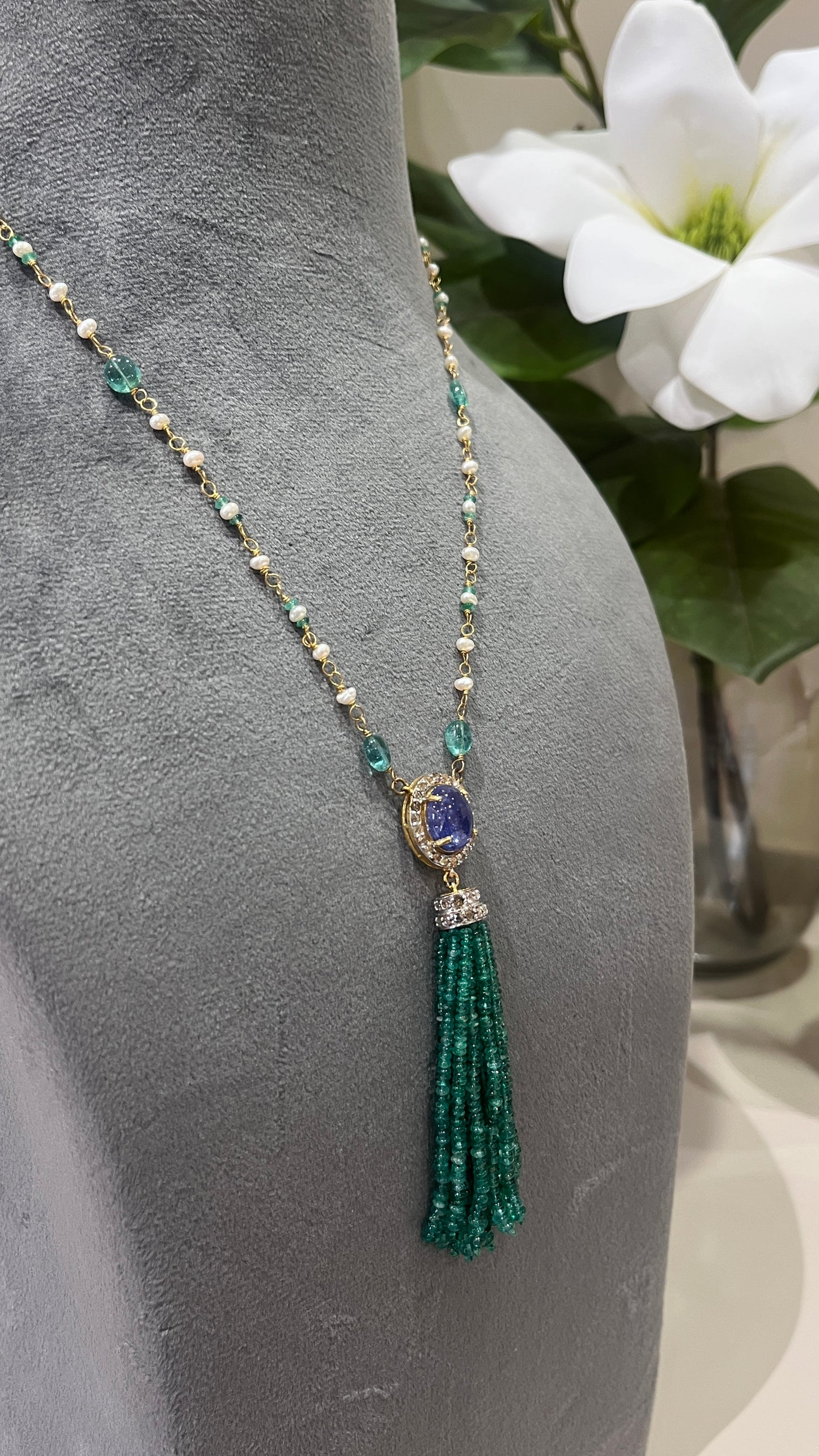 14k Gold Natural Zambian Emerald, Tanzanite, Pearl & Rose Cut Diamond Boho Victorian Beaded Tassel Necklace