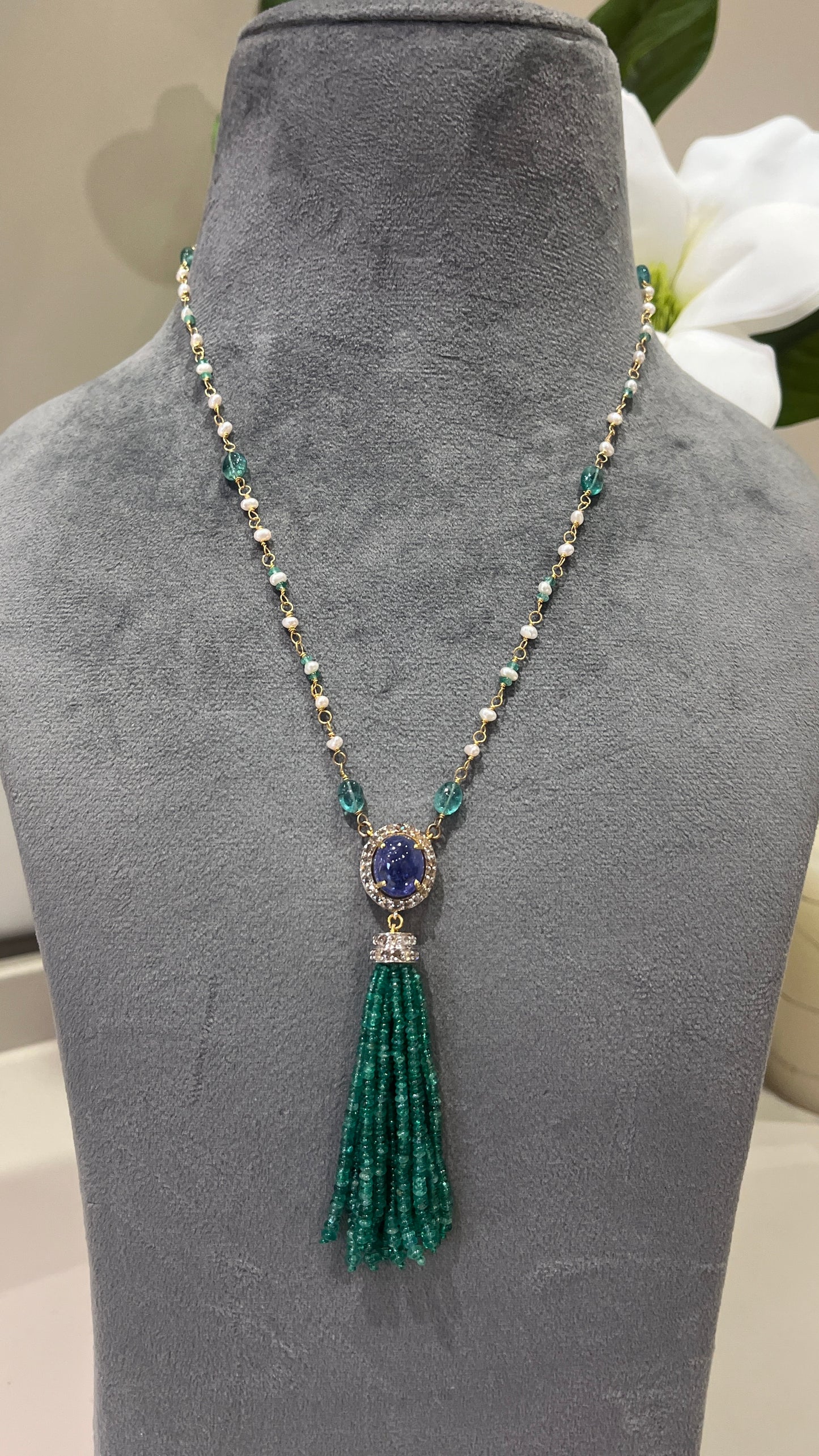 14k Gold Natural Zambian Emerald, Tanzanite, Pearl & Rose Cut Diamond Boho Victorian Beaded Tassel Necklace