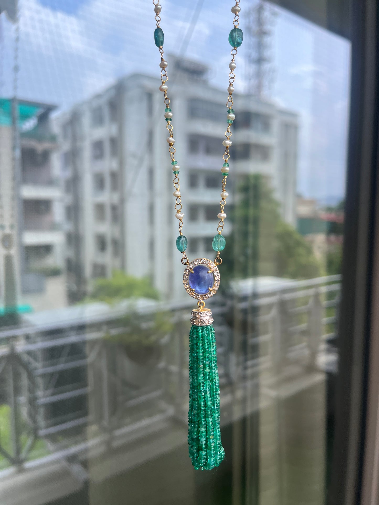 14k Gold Natural Zambian Emerald, Tanzanite, Pearl & Rose Cut Diamond Boho Victorian Beaded Tassel Necklace