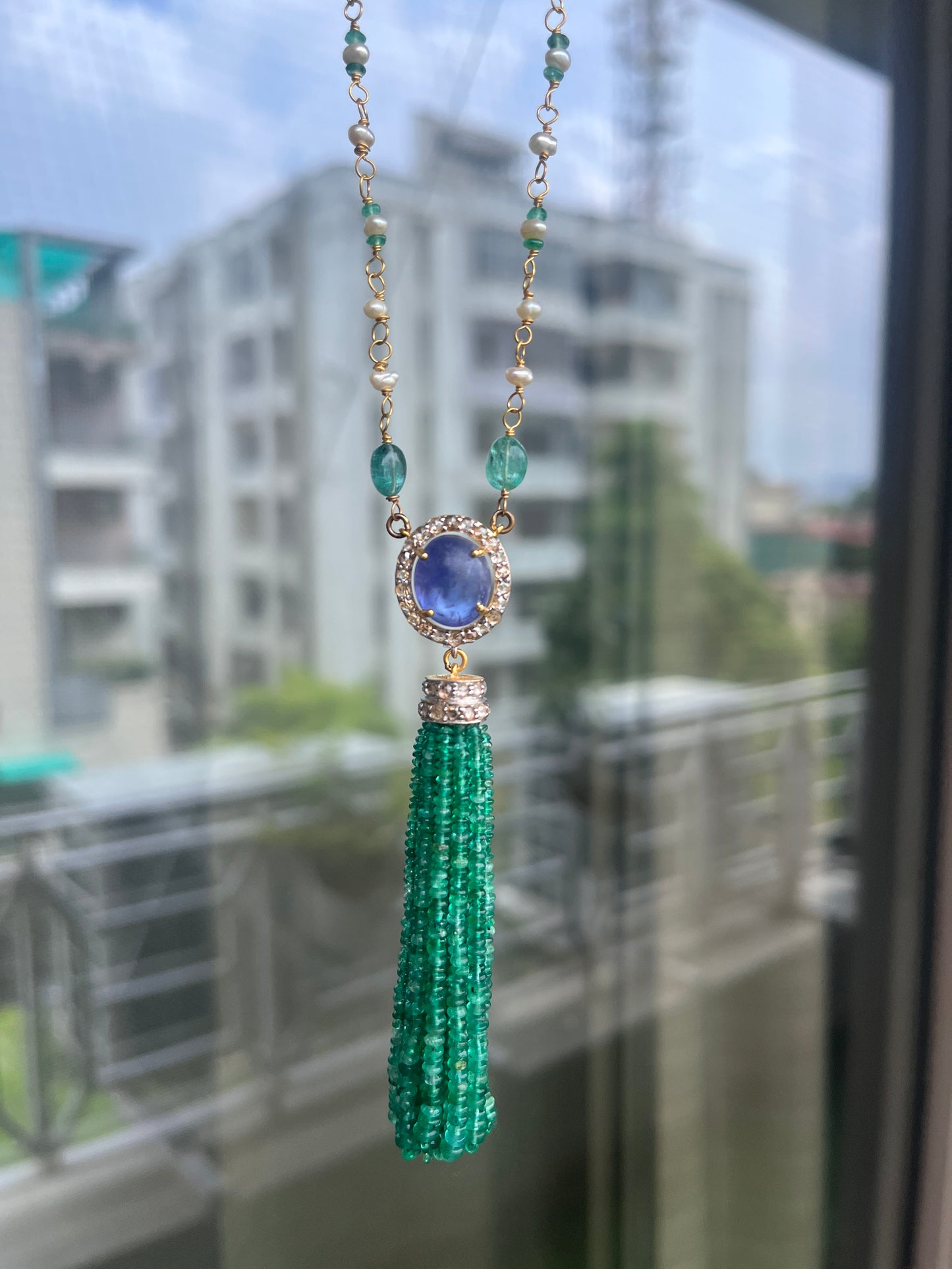 14k Gold Natural Zambian Emerald, Tanzanite, Pearl & Rose Cut Diamond Boho Victorian Beaded Tassel Necklace