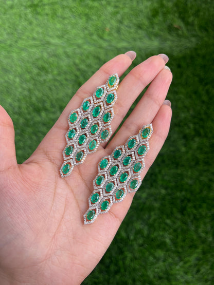 14k Gold Natural Zambian Emerald & Diamond Art Deco Earrings