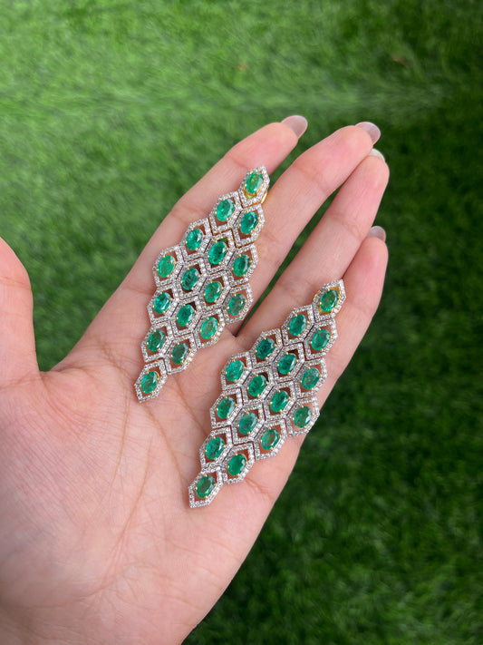 14k Gold Natural Zambian Emerald & Diamond Art Deco Earrings