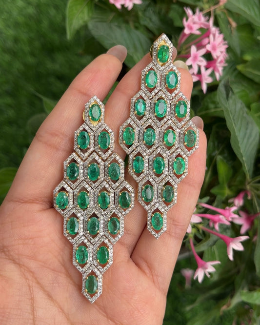 14k Gold Natural Zambian Emerald & Diamond Art Deco Earrings