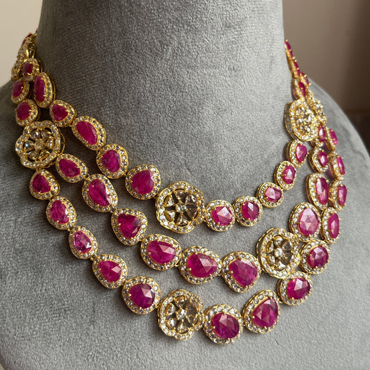 14k Gold Natural Burmese Ruby & Rose Cut Diamond Necklace - 70.62 Carats Ruby, 36.22 Carats Diamond Victorian Necklace