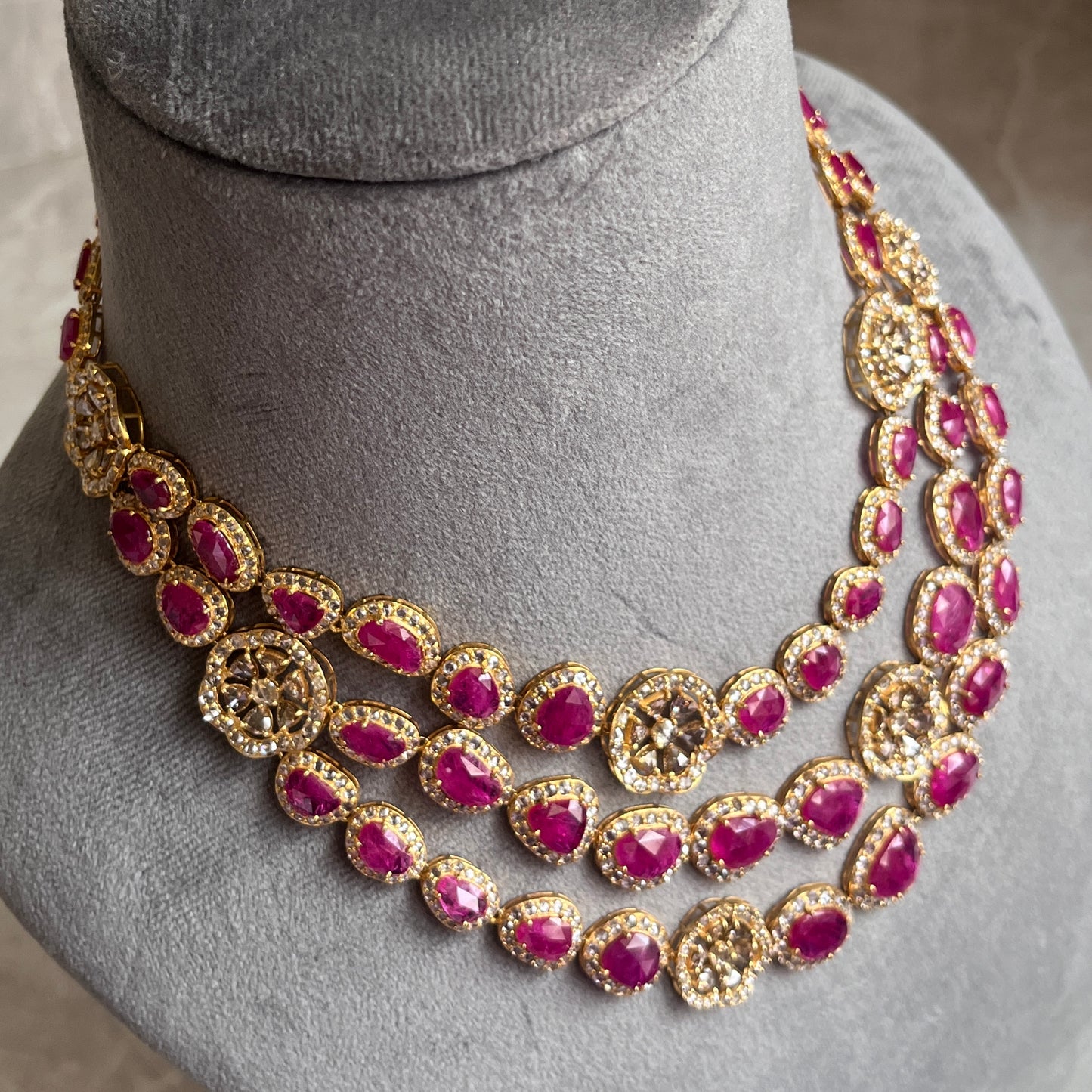 14k Gold Natural Burmese Ruby & Rose Cut Diamond Necklace - 70.62 Carats Ruby, 36.22 Carats Diamond Victorian Necklace