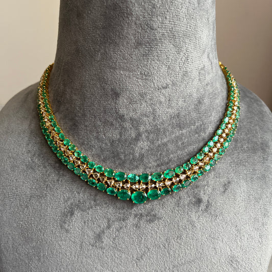 14k Gold Natural Zambian Emerald & Rose Cut Diamond Necklace - 32.7 Carats Emerald, 6.45 Carats Diamond Victorian Necklace
