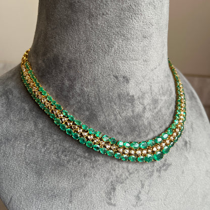 14k Gold Natural Zambian Emerald & Rose Cut Diamond Necklace - 32.7 Carats Emerald, 6.45 Carats Diamond Victorian Necklace
