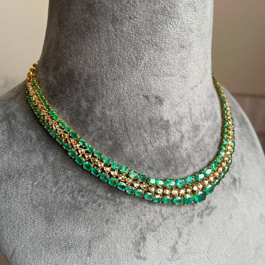14k Gold Natural Zambian Emerald & Rose Cut Diamond Necklace - 32.7 Carats Emerald, 6.45 Carats Diamond Victorian Necklace