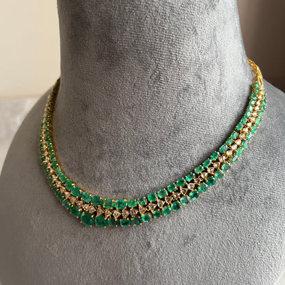 14k Gold Natural Zambian Emerald & Rose Cut Diamond Necklace - 32.7 Carats Emerald, 6.45 Carats Diamond Victorian Necklace