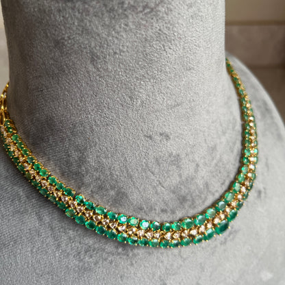 14k Gold Natural Zambian Emerald & Rose Cut Diamond Necklace - 32.7 Carats Emerald, 6.45 Carats Diamond Victorian Necklace