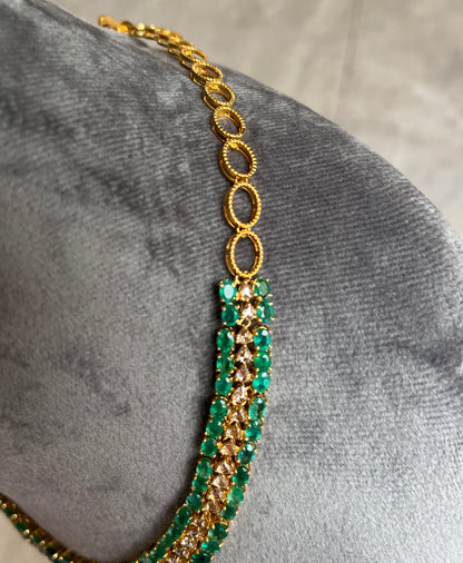 14k Gold Natural Zambian Emerald & Rose Cut Diamond Necklace - 32.7 Carats Emerald, 6.45 Carats Diamond Victorian Necklace