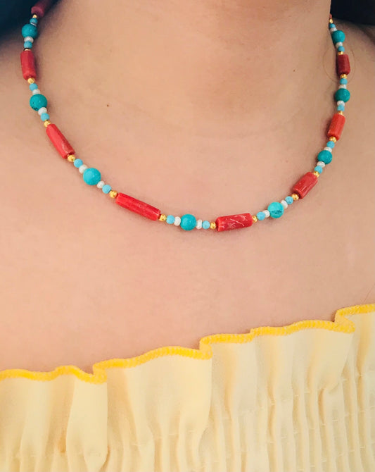 Coral And Turquoise Beaded Necklace