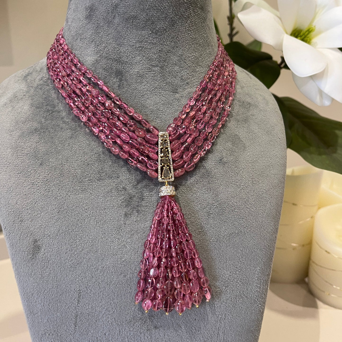 14K Gold Pink Tourmaline & Diamond Beaded Tassel Necklace