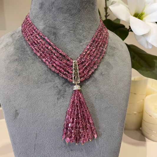 14K Gold Pink Tourmaline & Diamond Beaded Tassel Necklace