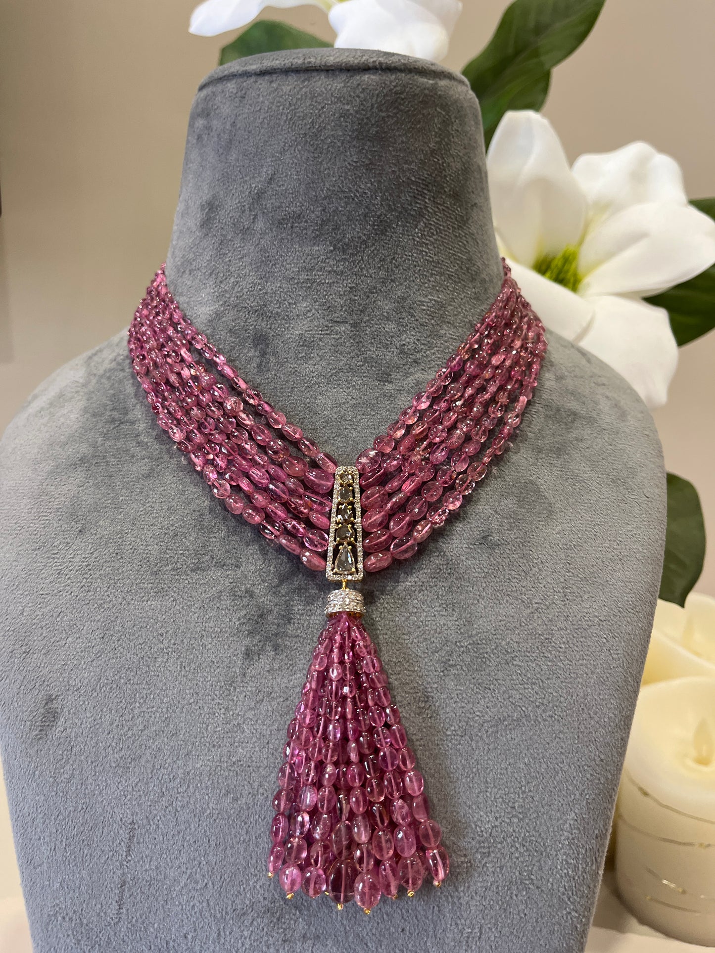 14K Gold Pink Tourmaline & Diamond Beaded Tassel Necklace